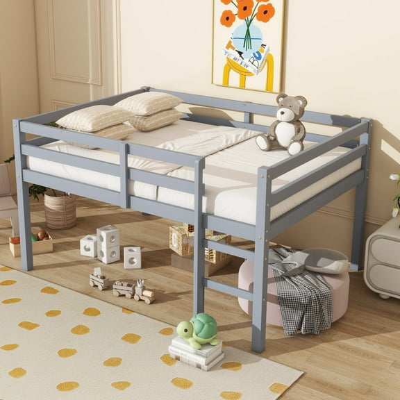 Solid Wood Full Loft Bed Frame with Storage Space and High guardrail, Platform Bed Frame with Ladder and Strengthened Slats, Low Height Design, No Box Spring Needed, Grey