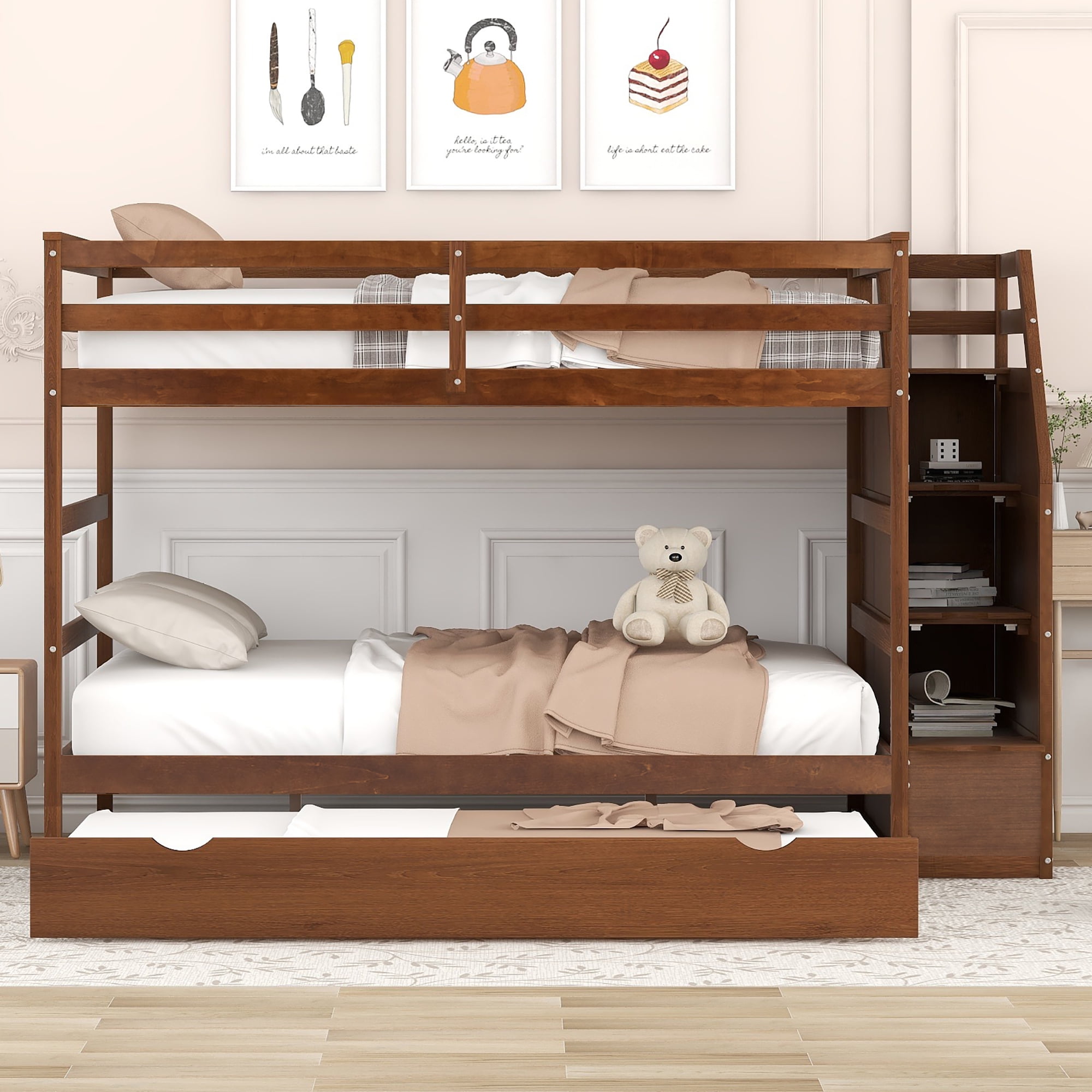 Solid wood twin over 2024 full bunk bed with stairs