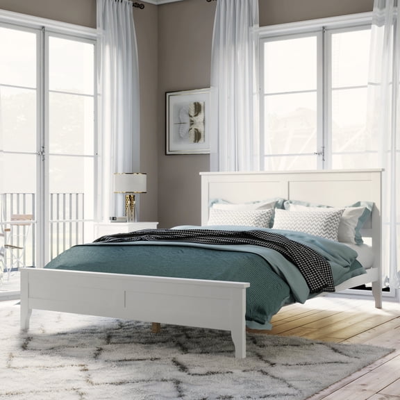 Solid Wood Full Platform Bed, Modern White Design, No Box Spring Required
