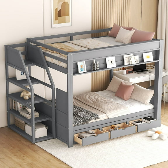 Solid Wood Full Size Convertible Bunk Bed with 3 Drawers, Harper & Bright Designs Bed Frame Stairs, Built-in Small Shelf, Bottom Bed can be Converted into Daybed with Ladder and Guardrail, Gray