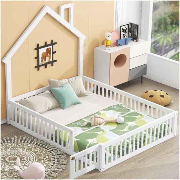 Solid Wood Full Size Platform Bed Frame with Safety Rails, House Design, No Box Spring