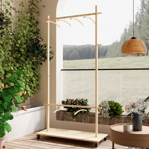 Solid Wood Garment Clothes Drying Rack with 6 Wooden Hangers, Space-Saving Design, Adjustable Shelf, and Wheels for Easy Mobility – Perfect for Bedroom, Living Room, or Entryway