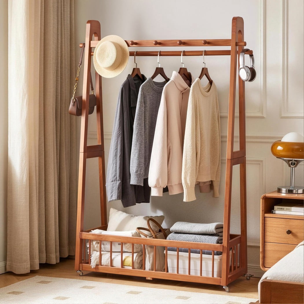 Wood Mobile Rack Solid Wood Garment Rack, Mobile Wooden Clothes Rack with Double Hanging ...