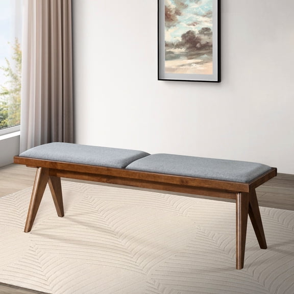 Solid Wood Grey Fabric Mid-century Modern Bench - Living Space Essential Gracefulness