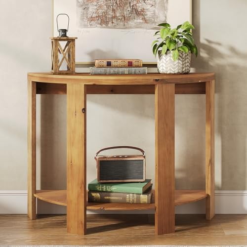 Solid Wood Half-Moon Console Table for Entryway, 41.3" Farmhouse Small Hallway Entry Accent Table with 2-Tier Storage for Living Room, Foyer, Entrance, Easy Assembly$$Furniture