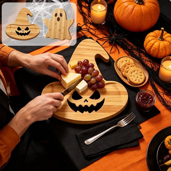 Solid Wood Halloween-Shaped Cutting Board and Tea Tray, Rectangular Serving Platter for Kitchen Counter, Party Table, Appetizers and Seasonal Home Decoration, A
