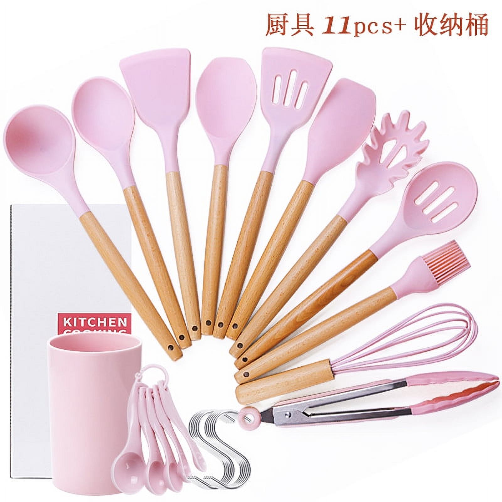Solid Wood Handle With Storage Bucket Silicone Kitchenware Pink 11