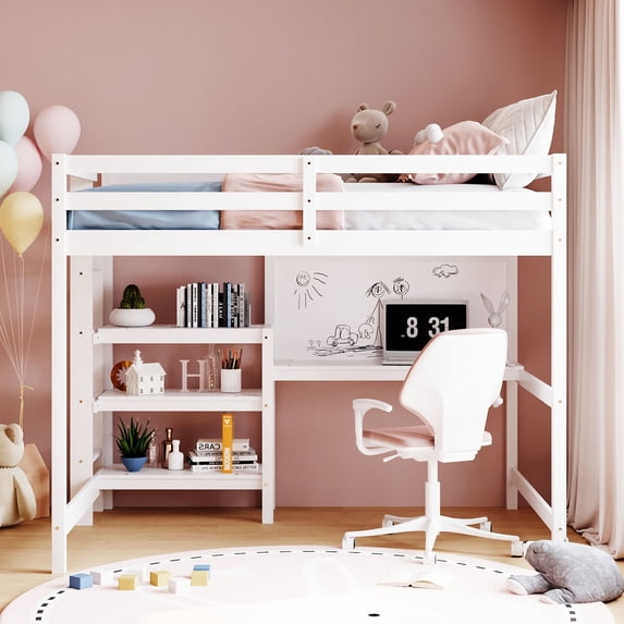 Solid Wood High Loft Bed with Shelves, Desk and Writing Board, Thickened Wooden Higher Quality Loft Bed with Storage and Shelves (Full)