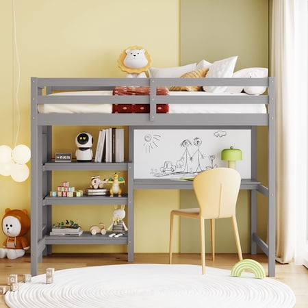 Solid Wood High Loft Bed with Shelves, Desk and Writing Board, Thickened Wooden Higher Quality Loft Bed with Storage and Shelves (Twin)