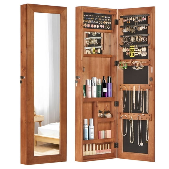 Solid Wood Jewelry Armoire Organizer Cabinet In Elegant Finish, 47.5x14.3 Inch Wall-Mounted With Full-Length Mirror And LED,Brown