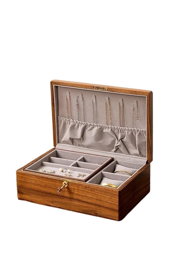 Solid Wood Jewelry Box With Lock Double Layer Desktop Gift Ring Earring Necklace Household Handicraft Box