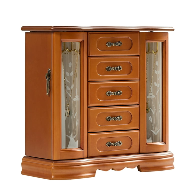 Large Vintage Jewellery Oak Jewelry Box Wth Glass Doors And