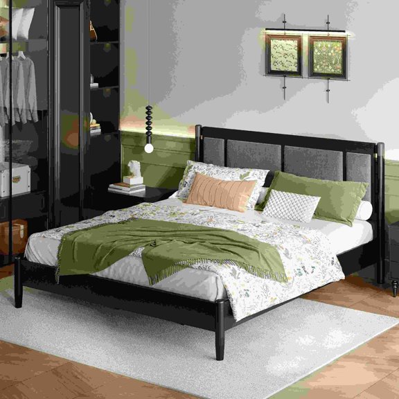 Solid Wood King Bed 600 lbs Support, Black Upholstered Headboard with Metal Handles, No Box Spring Needed
