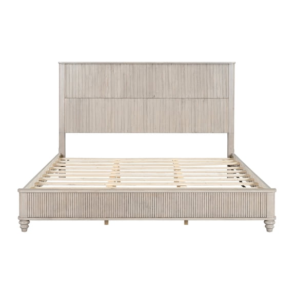 Solid Wood King Bed Frame with Tall Headboard, No Box Spring Needed, Beige