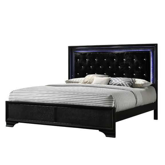 Black Upholstered King Size Bed With Led Lights And Support Rails Modern Faux Crystal Headboard Slats
