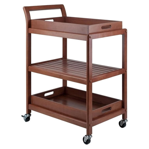 Solid Wood Kitchen Cart On Wheels with Two Removable Serving Trays, Slatted Shelf, and Locking Casters, Versatile Bar Cart