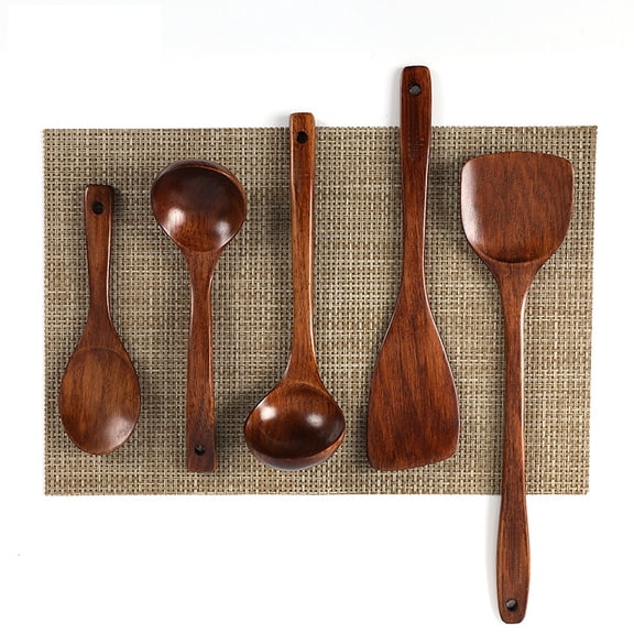 Solid Wood Kitchen Utensils 5-piece Set, Natural Kemu Cooking Spatula and Spoon Set, Non-stick Pan Special Wooden Kitchen Tools
