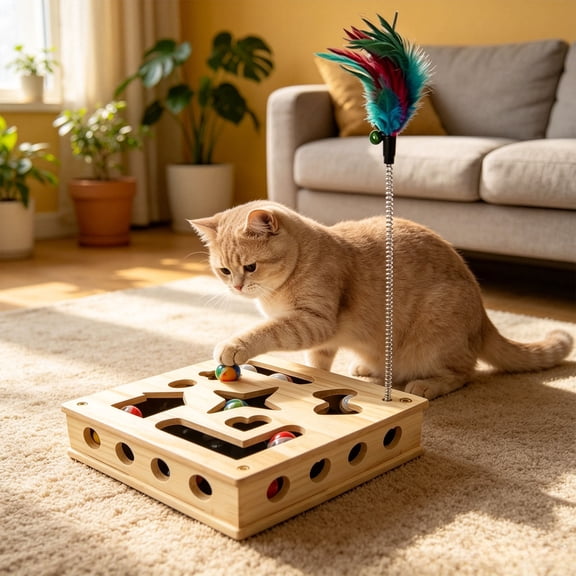 Solid Wood Kitty Maze Puzzle Toy Box, Interactive Scratch Play Box for Felines,A