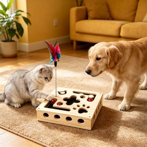 Solid Wood Kitty Maze Puzzle Toy Box, Interactive Scratch Play Box for Felines,B