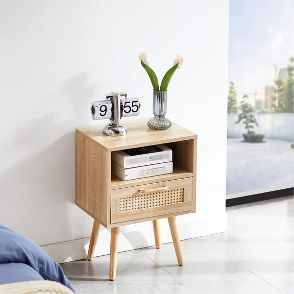 Solid Wood Leg Structure / Office Furniture / Rattan - Paneled Nightstand