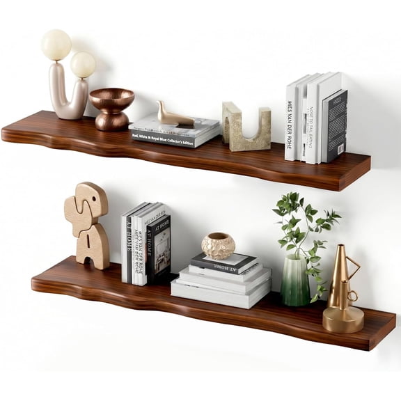 Solid Wood Live Edge Floating Shelves Set of 2  36" Rustic Wall Shelf with Hidden Bracket System, Mounted for Bathroom, Kitchen, Living Room, Bedroom (Walnut)