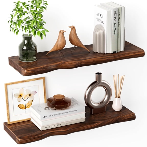 Solid Wood Live Edge Floating Shelves Set Of 2 - 24" Rustic Wall Shelf With Bracket System  Mounted For Bathroom Kitchen Living Room Bedroom (walnut)
