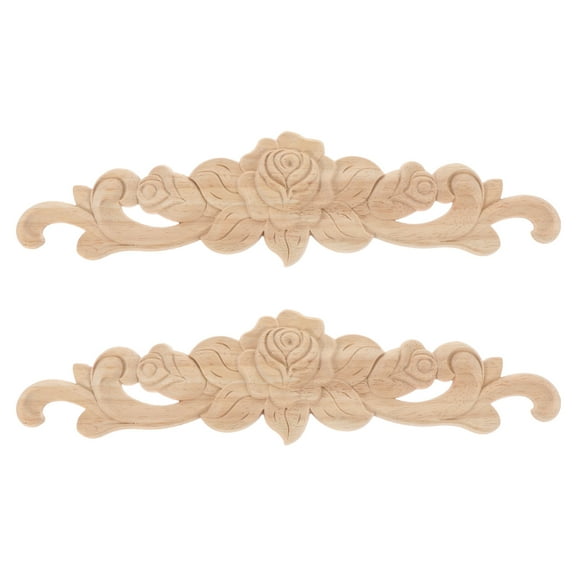 Solid Wood Long Flower Piece Home Wooden Appliques Furniture Onlays Carved Decor Rose Cupboard 2 Pcs