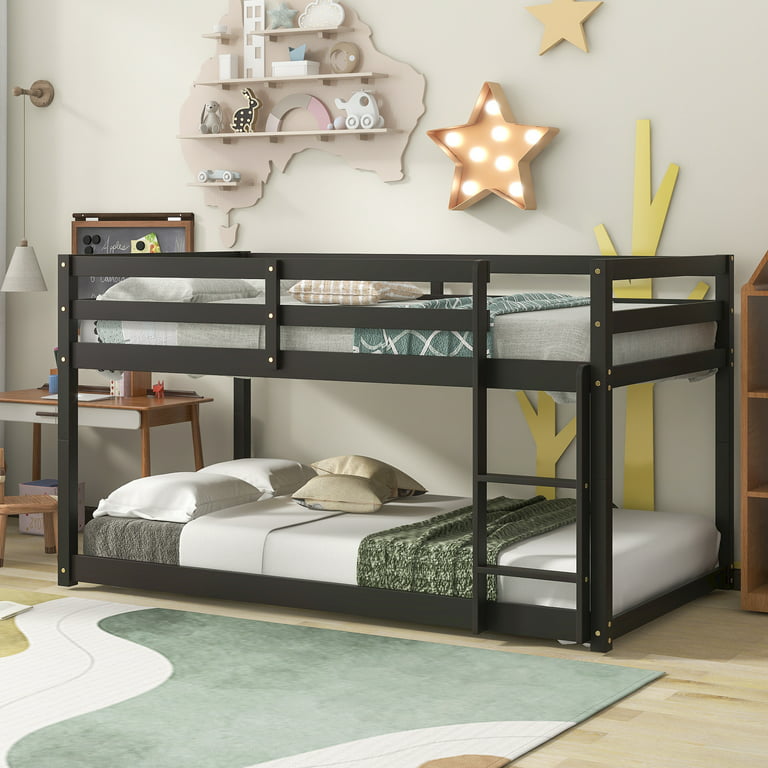 Solid Wood Low Bunk Bed For Kids, Twin Over Twin Floor Bunk Bed With Safety  Rail, Ladder, Heavy Duty Bunk Beds Mattress Foundation For Boys Girls,  Space-Saving Bedroom Dorm Furniture, Espresso -
