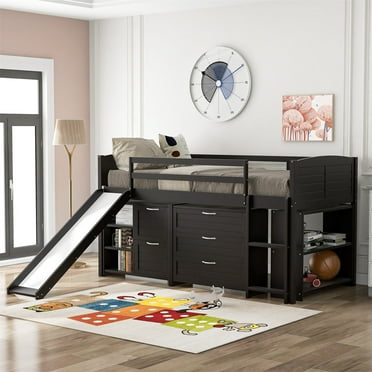 Solid Wood Low Loft Bed with Slide, Twin Bed Frames Junior Loft Bed with Stairs, Platform Bed Frames with Under Bed Storage Cabinets and Shelves Bedroom Furniture for Home Apartment, Espresso