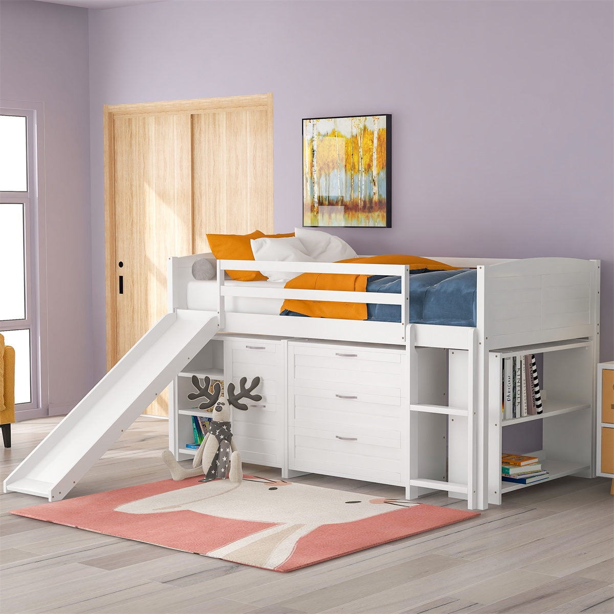 Solid Wood Low Loft Bed with Slide, Twin Bed Frames Junior Loft Bed