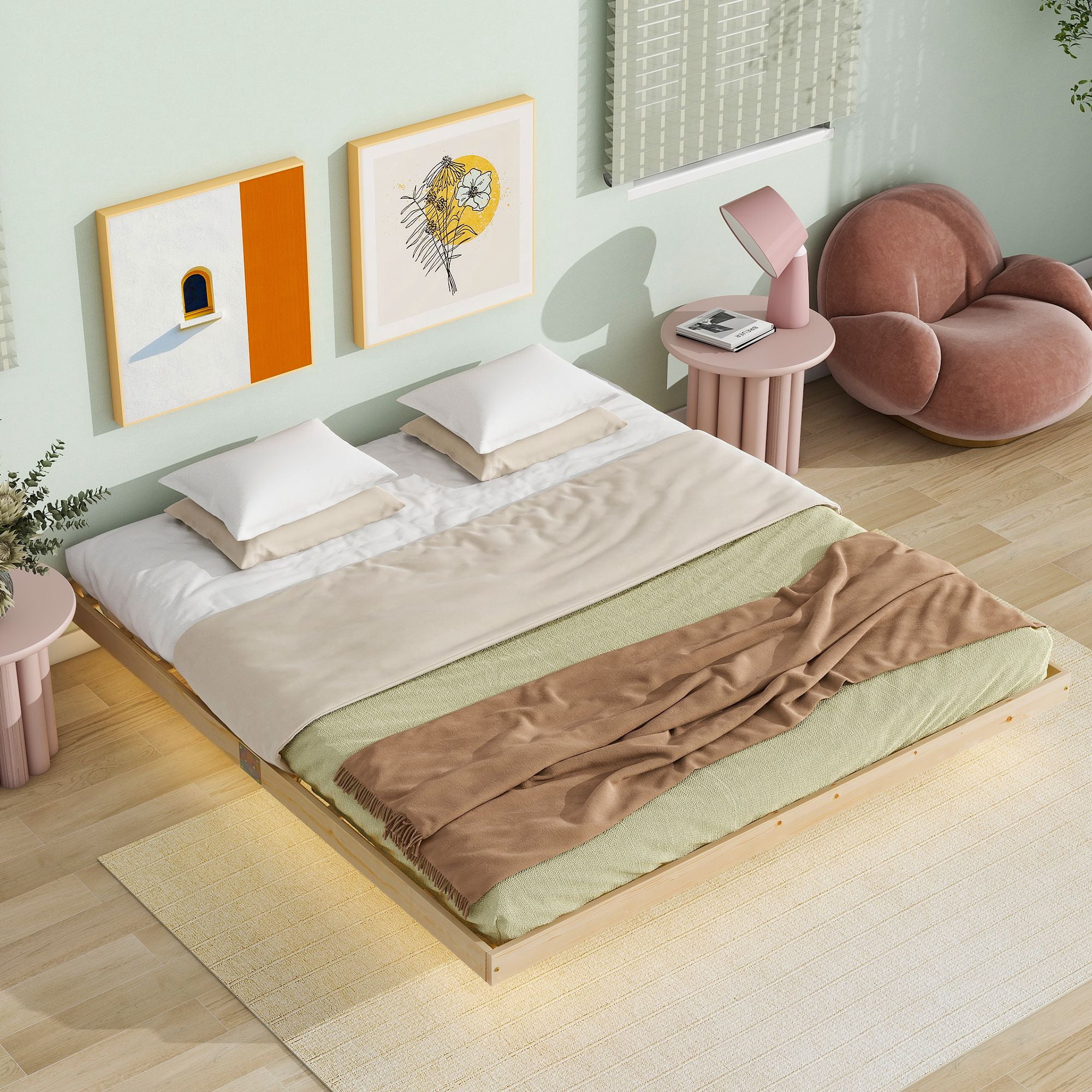 Solid Wood Low Profile Bed Frame with LED Lights Underneath, Floating ...