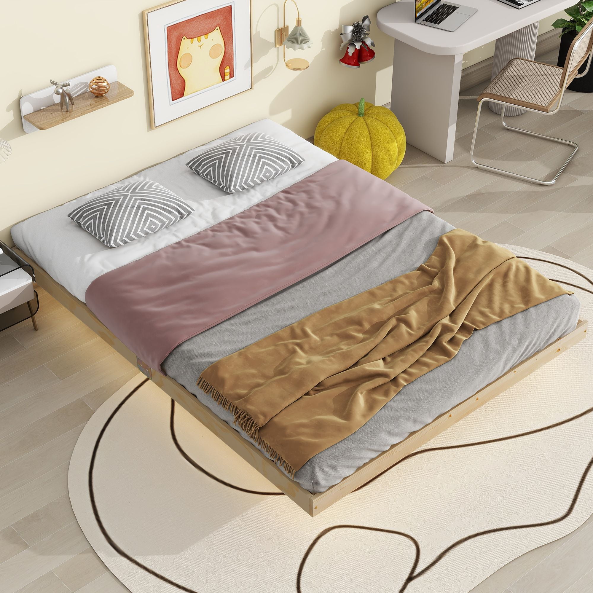 Solid Wood Low Profile Bed Frame with LED Lights Underneath, Floating ...
