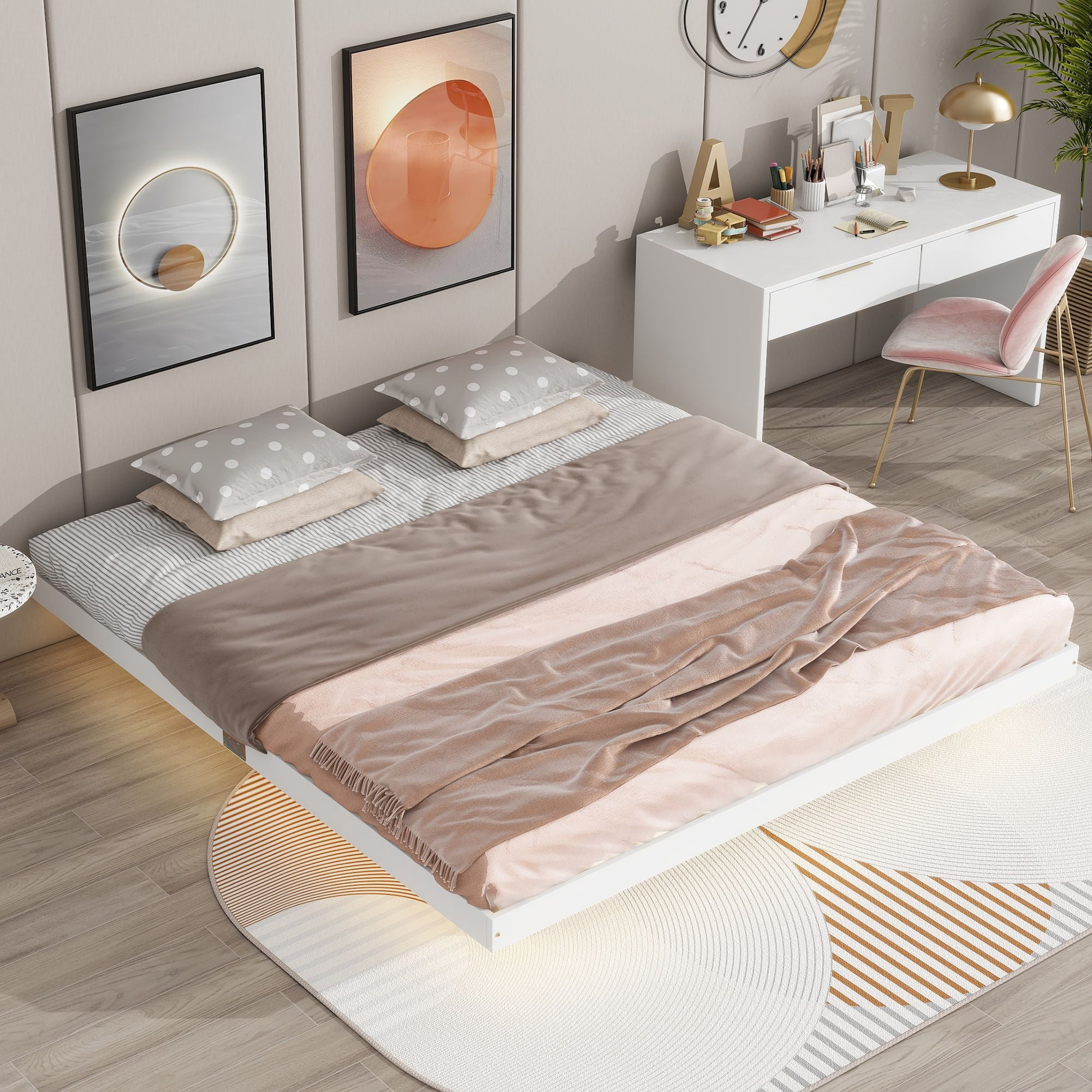 Solid Wood Low Profile Bed Frame with LED Lights Underneath, Floating ...