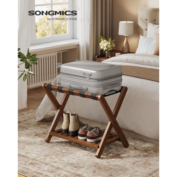 Solid Wood Luggage Rack Foldable Suitcase Stand with Storage Shelf, No Assembly, 150 lb Capacity, Coffee Brown