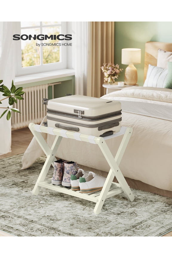 Solid Wood Luggage Rack, No-Assembly Folding Suitcase Stand with Storage Shelf, 150 lb Capacity for Guest Room Hotel, Cream White