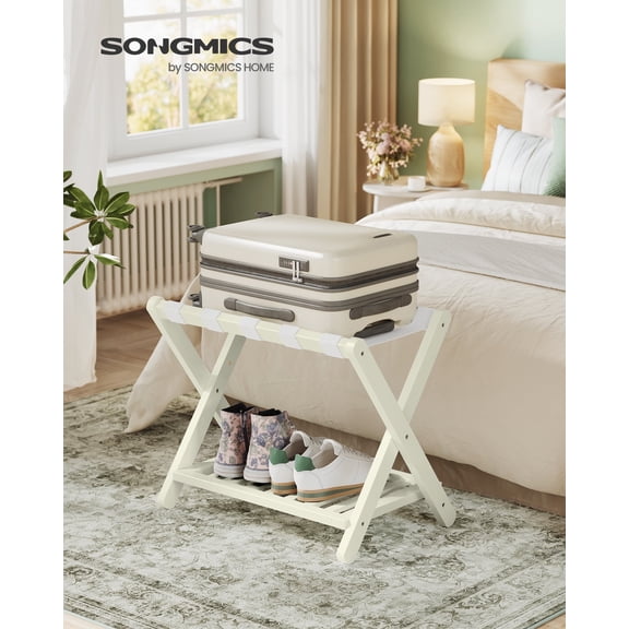 Solid Wood Luggage Rack, No-Assembly Folding Suitcase Stand with Storage Shelf, 150 lb Capacity for Guest Room Hotel, Cream White