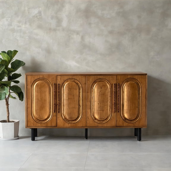 Solid Wood MDF Classic Gold Buffet Cabinet with Arched Doors, 59.84 Storage Console for Dining Room Living Room