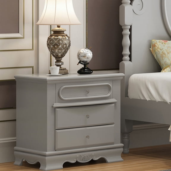 Solid Wood + MDF Grey Nightstand - Felt - Lined Top Drawer - Bedroom - Safe for Jewelry