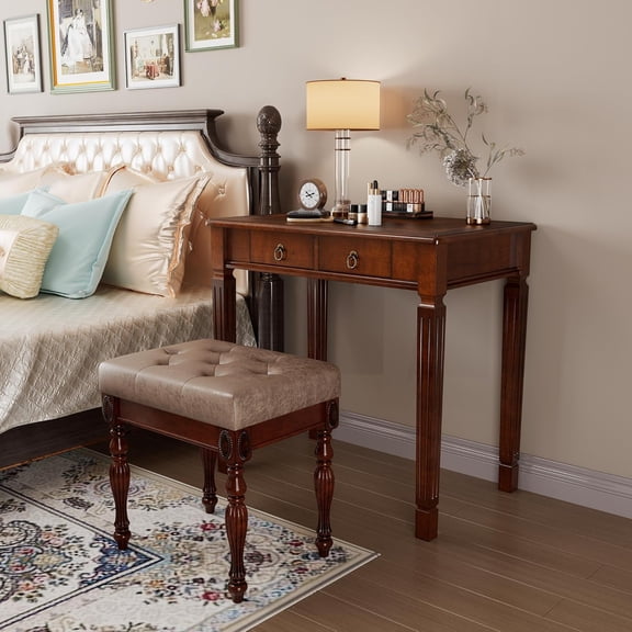 Solid Wood Makeup Vanity Table Set, 31.5" Wide Dressing Vanity Table with 2 Drawers and Vanity  Stool Writing Desk with Solid Wood Legs & Button Tufted Cushioned Stool, Cherry&Light Brown