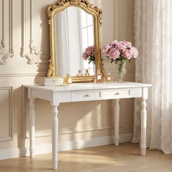 Solid Wood Makeup Vanity Table with Storage Drawers, Rubberwood Dressing Table No Mirror, Rustic Country House Style Desk for Bedroom, Living Room & Hallway