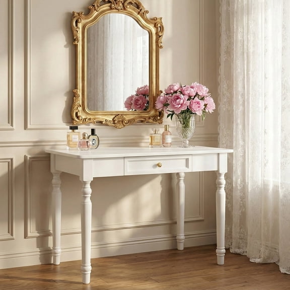 Solid Wood Makeup Vanity Table with Storage Drawers, Rubberwood Dressing Table No Mirror, Rustic Country House Style Desk for Bedroom, Living Room & Hallway