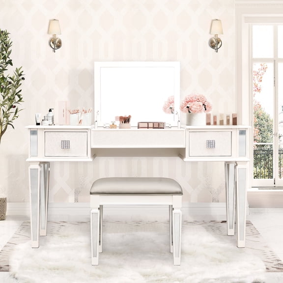 Solid Wood Makeup Vanity with 2 Drawers and Flip-up Mirror / Ideal for Bedroom Storage and Makeup Routine