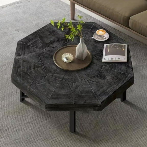Solid Wood & Metal Cross Legs Coffee Table|30 Inch Octagonal|Antique Black