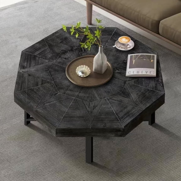 Solid Wood & Metal Cross Legs Coffee Table|Octagonal Design|Antique Black