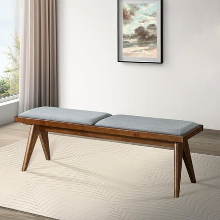 Solid Wood Mid-century Modern Bench - Grey Fabric Elegance Stylish Seating