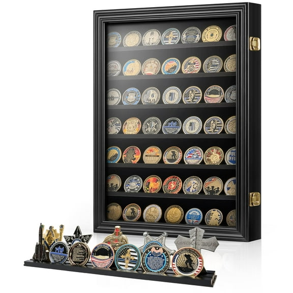 Solid Wood Military Challenge Coin Holder Display Case with HD Tempered Glass, 7 Rows Medal Display Cabinet Shadow Box with Removable Shelves, Tabletop or Wall Mountable, Holds 100 Coins, Black
