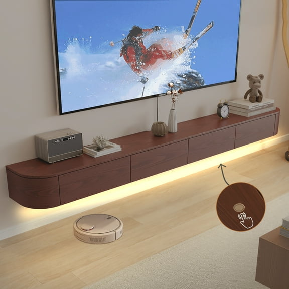 Solid Wood Modern Floating TV Stand with LED Lighting | Wall-Mounted Entertainment Console with Flip-Top Doors | TV Bench for Living Room & Office (Brown, 70.8'')