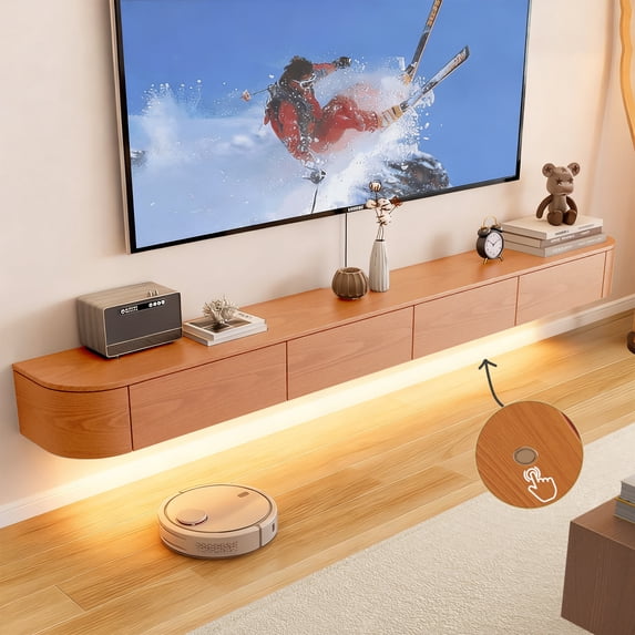 Solid Wood Modern Floating TV Stand with LED Lighting | Wall-Mounted Entertainment Console with Flip-Top Doors | TV Bench for Living Room & Office (Cherry, 94.4'')