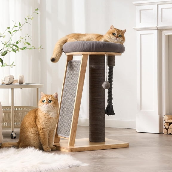 Solid Wood Multifunctional Corner Cat Tree Tower with Scratching Post, Bed, Dangling Ball, Interactive Rope and Scratching Board for Indoor Cats