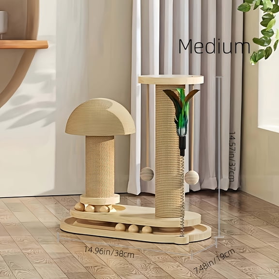 Solid Wood Mushroom Cat Scratching Post with Sisal Rope, Stable Wide Base Climbing Scratcher Tree for Kittens & Cats
